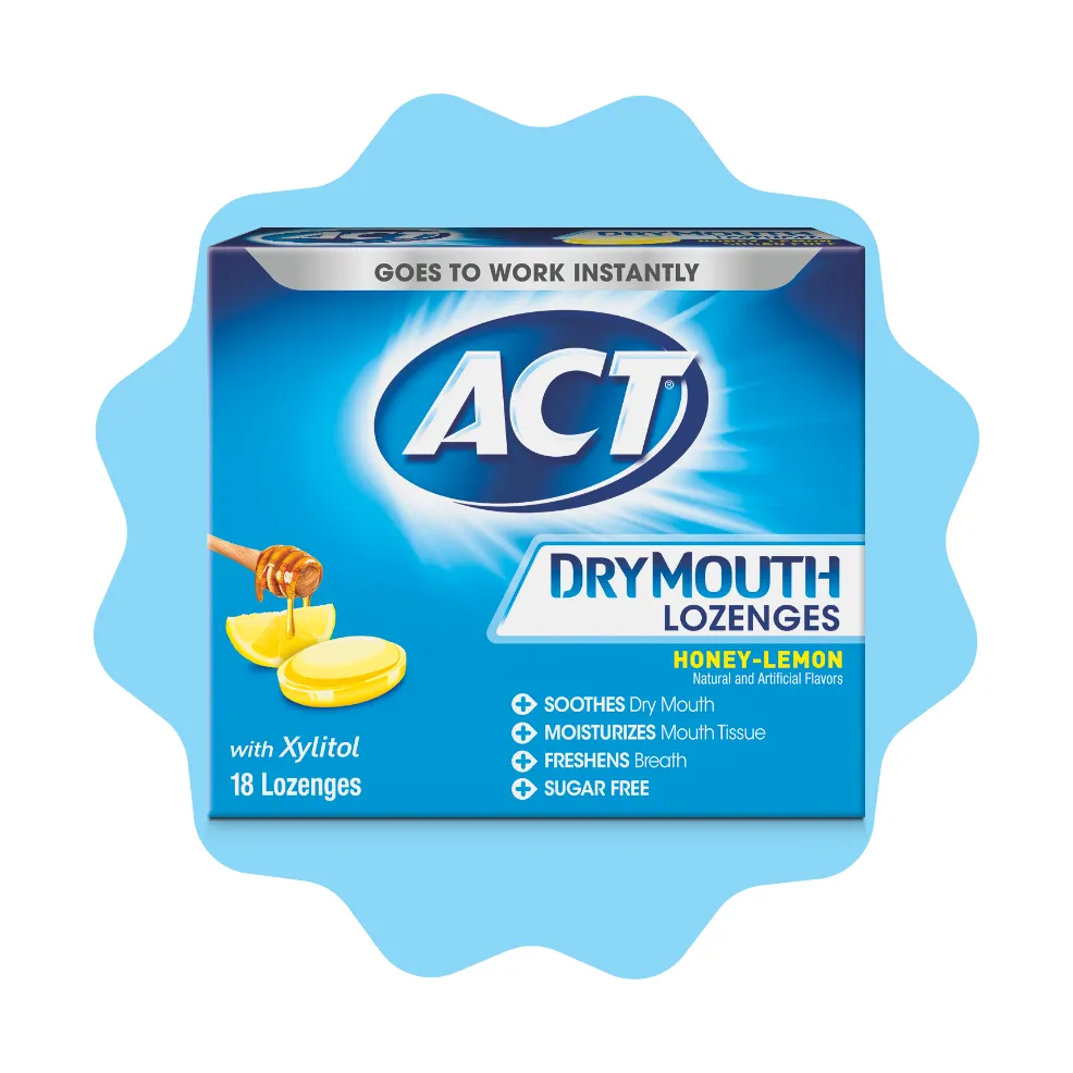 Packaging of ACT® Dry Mouth Lozenges in a variety of flavors and benefit statements.