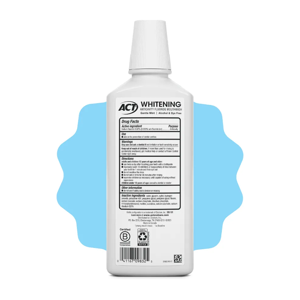 Packaging of ACT® Whitening Mouthwash bottle and benefit statements.
