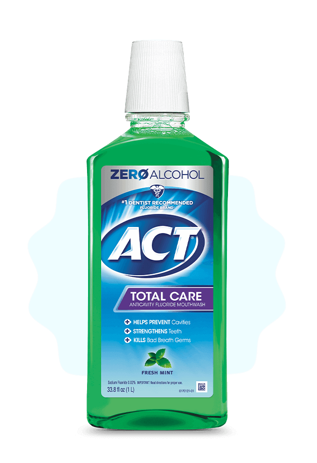 Front and back of ACT® Total Care mouthwash bottles in a variety of flavors.