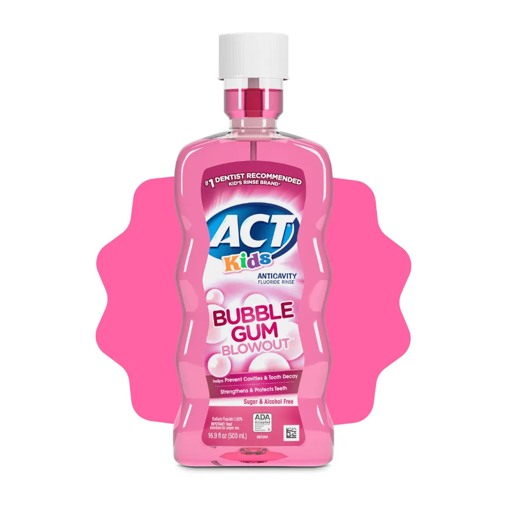 Packaging of ACT® Kids Mouthwash bottles in a variety of flavors and benefit statements.